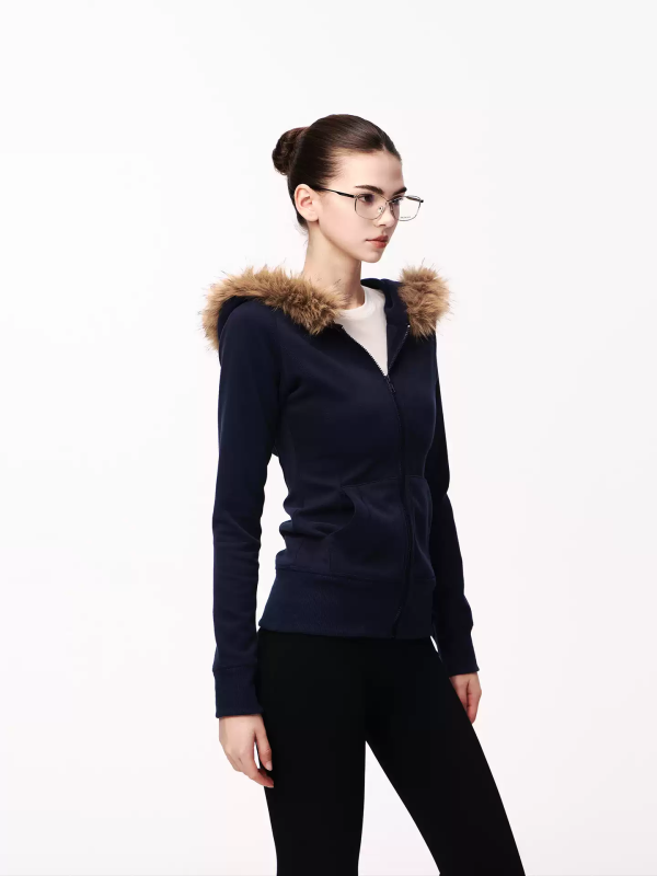 Navy Blue Fitted Zip-Up Hoodie with Faux Fur Trim, Slim-Fit Casual Jacket