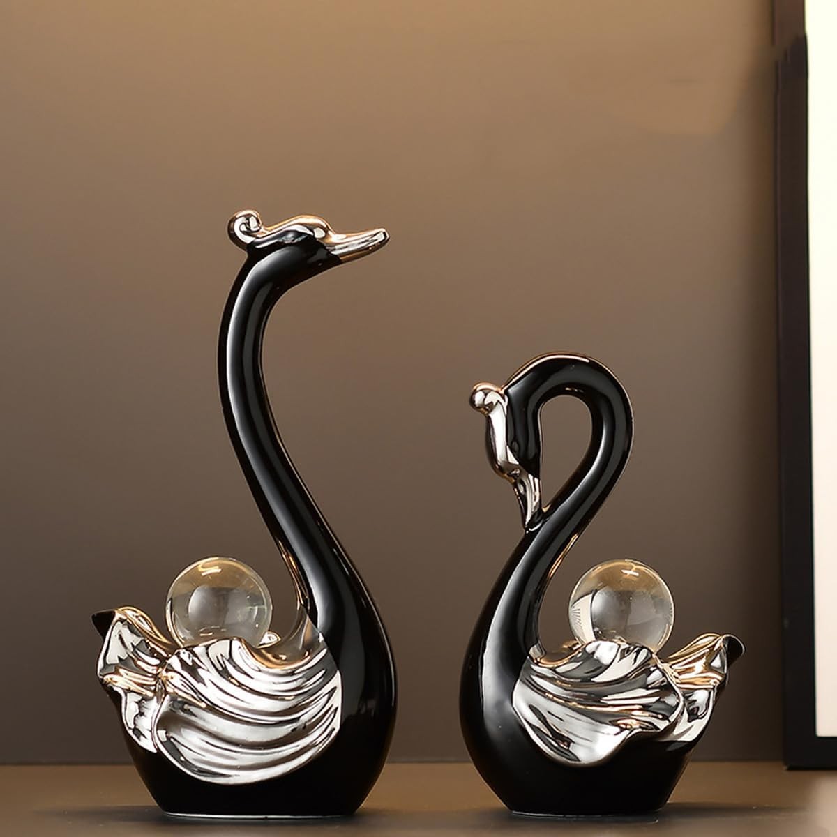 Ceramic Swan Figurines Set with Crystal Balls – Elegant Swan Couple Statues for Home Decor, Wedding  Anniversary & Romantic Gift