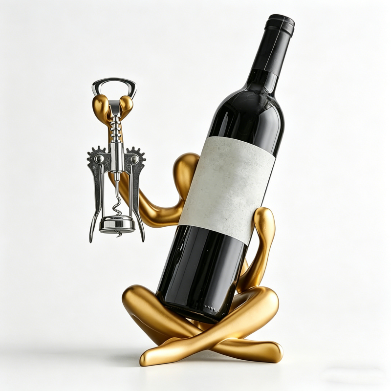 Abstract Gold Human-Shaped Wine Bottle Holder with Corkscrew - Modern Art Wine Rack Decor