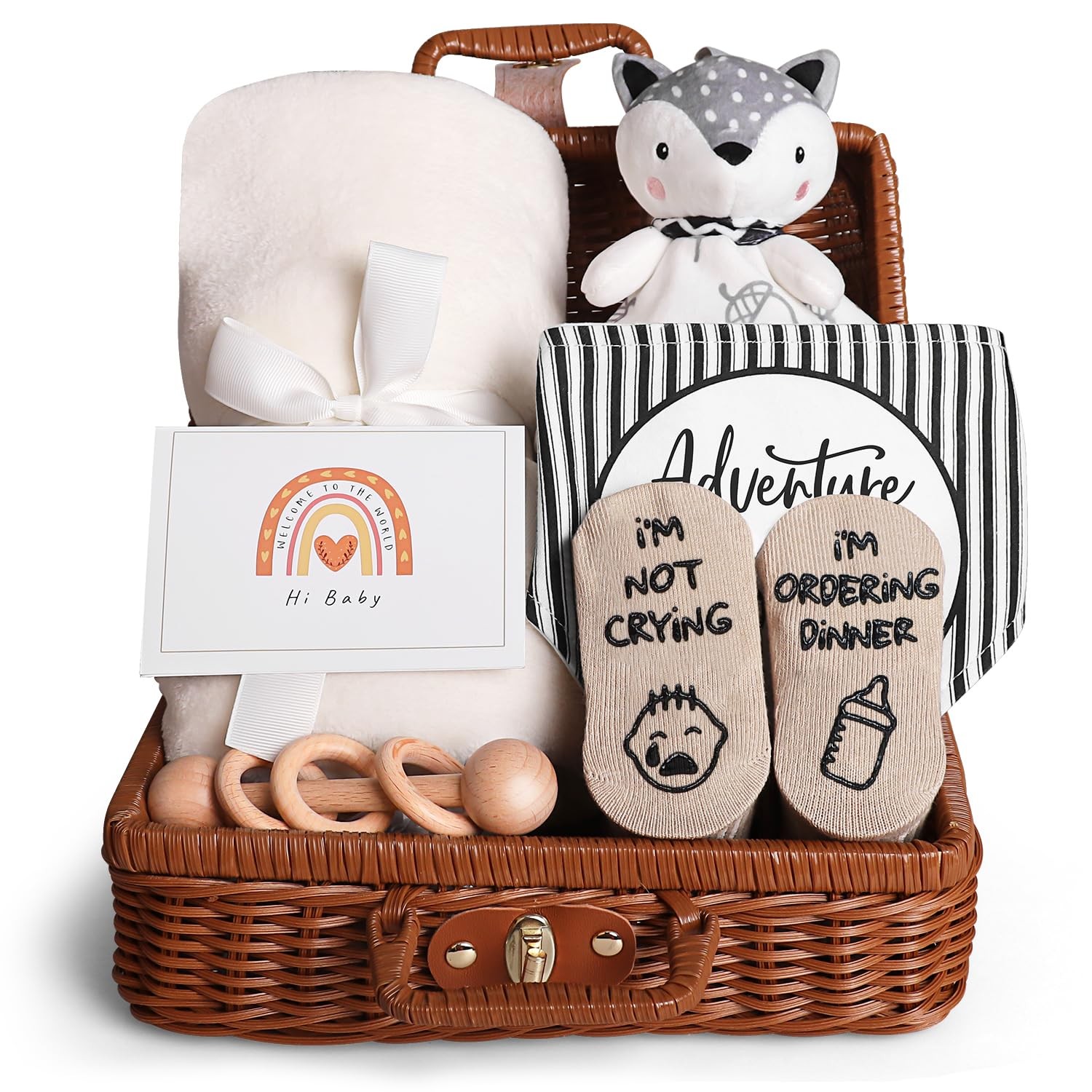 Unique Baby Gift Basket for Newborns – Soft Blanket Fox Security Blanket Wooden Rattle Bibs & Socks Luxury Rattan Box Perfect Baby Shower Gift for Boys & Girls