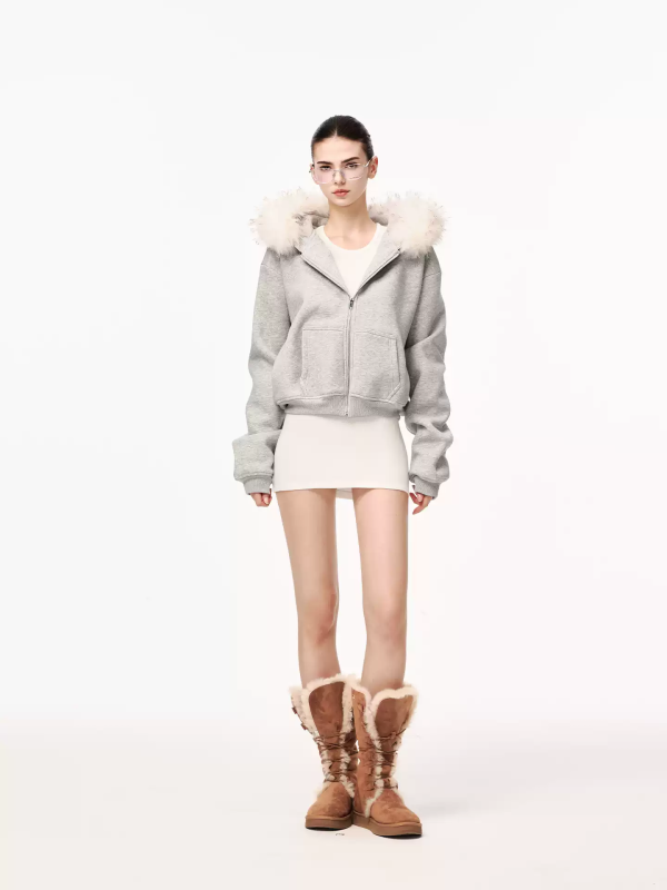 Grey Faux Fur Hooded Cropped Zip-Up Hoodie, Cozy Fall Winter Sweatshirt