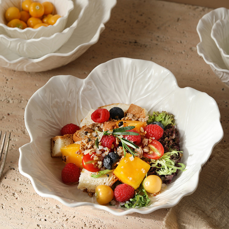 White Leaf-Shaped Ceramic Salad Bowl - Embossed Textured Serving Bowl for Salads, Fruits & Pasta