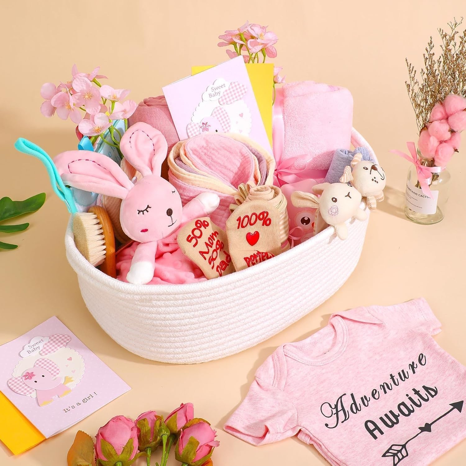 Luxury 27-Piece Baby Girl Gift Basket – Newborn Essentials in Elegant Pink
