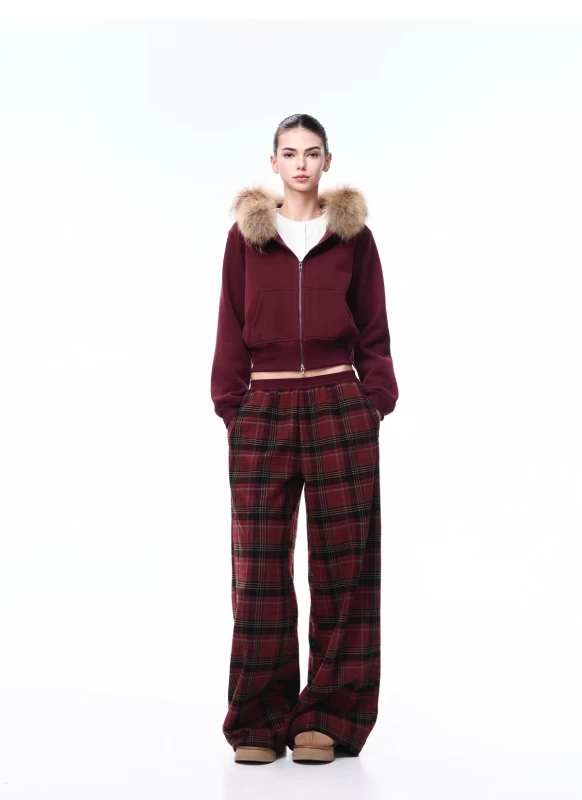 JLAUNT Women's Red Plaid Low Waist Wide Leg Pants 2026 Winter Retro Tartan Trouser Spice Girl Style Loose Straight Leg Pants with Pockets Red/Brown S-L