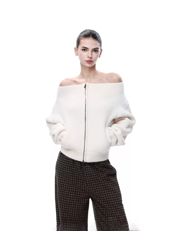 Off-White Off-Shoulder Zip-Up Knit Cardigan, Oversized Fuzzy Sweater Jacket