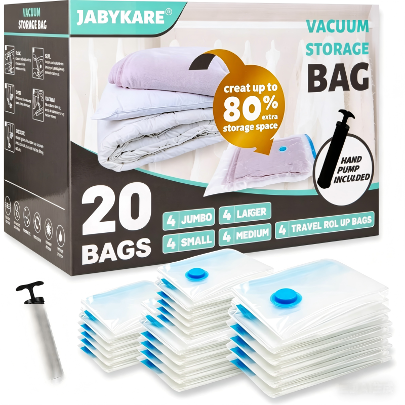 20 Pack Vacuum Storage Bags Space Saver Compression Bags 4 Jumbo/4 Large/4 Medium/8 Small Reusable Vacuum Sealer Bags for Clothes Home Storage and Organisation