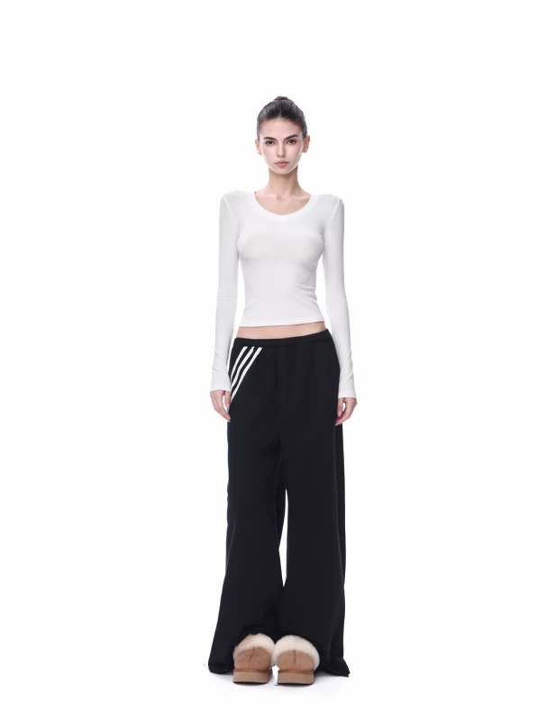 JLAUNT Women's Black Low Waist Wide Leg Pants 2026 Winter Spice Girl Style Straight Leg Trousers with Side Stripes Cotton Blend S-L