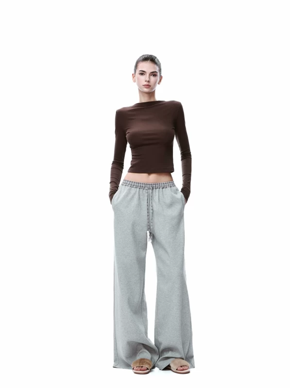 JLAUNT Women's Grey Low Waist Wide Leg Sweatpants 2026 Winter Spice Girl Style Trousers with Plaid Contrast Waistband & Drawstring Cotton Blend S-L