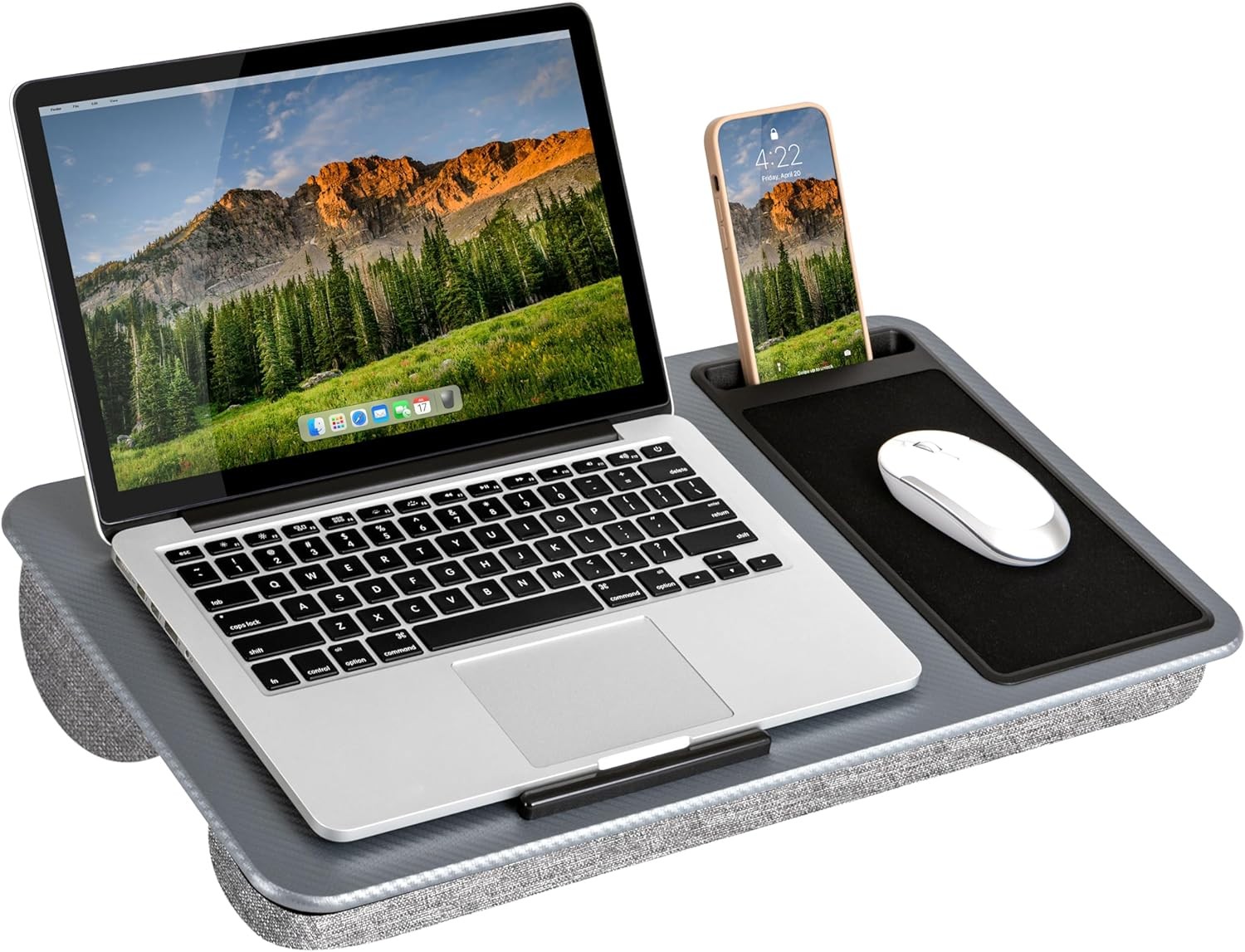 Home Office Lap Desk with Device Ledge Mouse Pad and Phone Holder Silver Carbon Fits up to 15.6 Inch Laptops