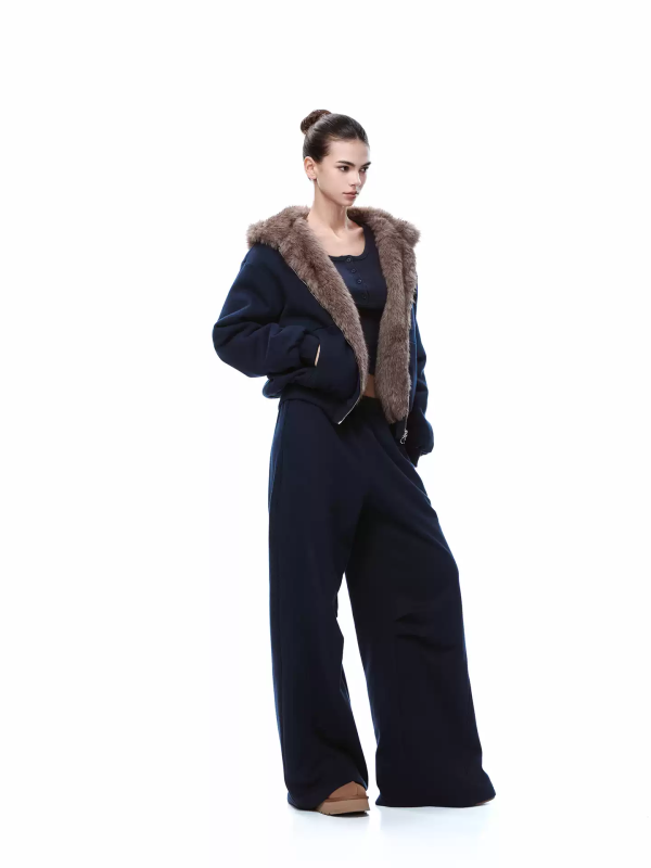 Navy Blue Reversible Fur-Lined Hoodie Jacket, Oversized Cozy Winter Coat