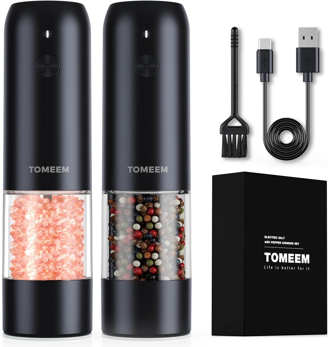 Rechargeable Salt and Pepper Grinder Set Electric Automatic Mill with LED Light 6 Adjustable Coarseness, One-Button Control with Dust Cover USB Rechargeable Kitchen Gadgets for Cooking & Home Gifts