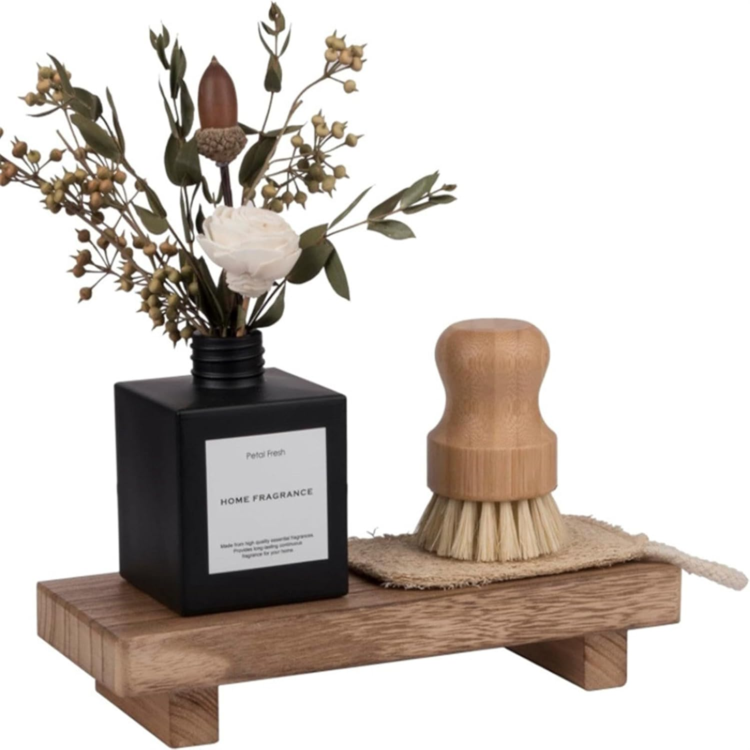 Bathroom Countertop Decor Set - Wooden Stand with Diffuser, Bamboo Cleaning Brush & Linen Cloth