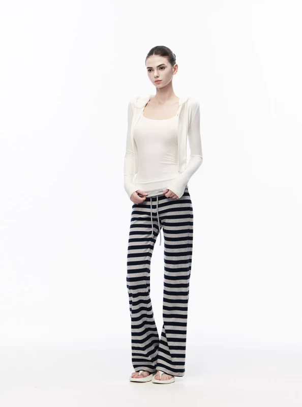 JLAUNT Women's Striped Low Waist Skinny Flare Pants 2026 Winter High Stretch Cotton Bootcut Trousers with Double Waistband Navy/Grey S-L