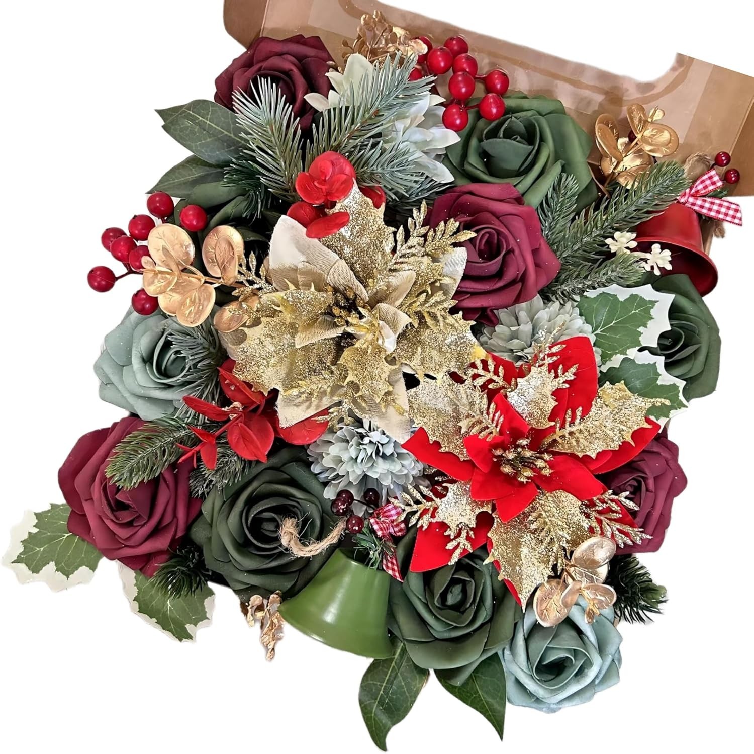 Christmas Artificial Flower Box – Red & Green Faux Roses Dahlias & Holiday Floral Picks for Christmas Tree WreathTable & Home Decorations