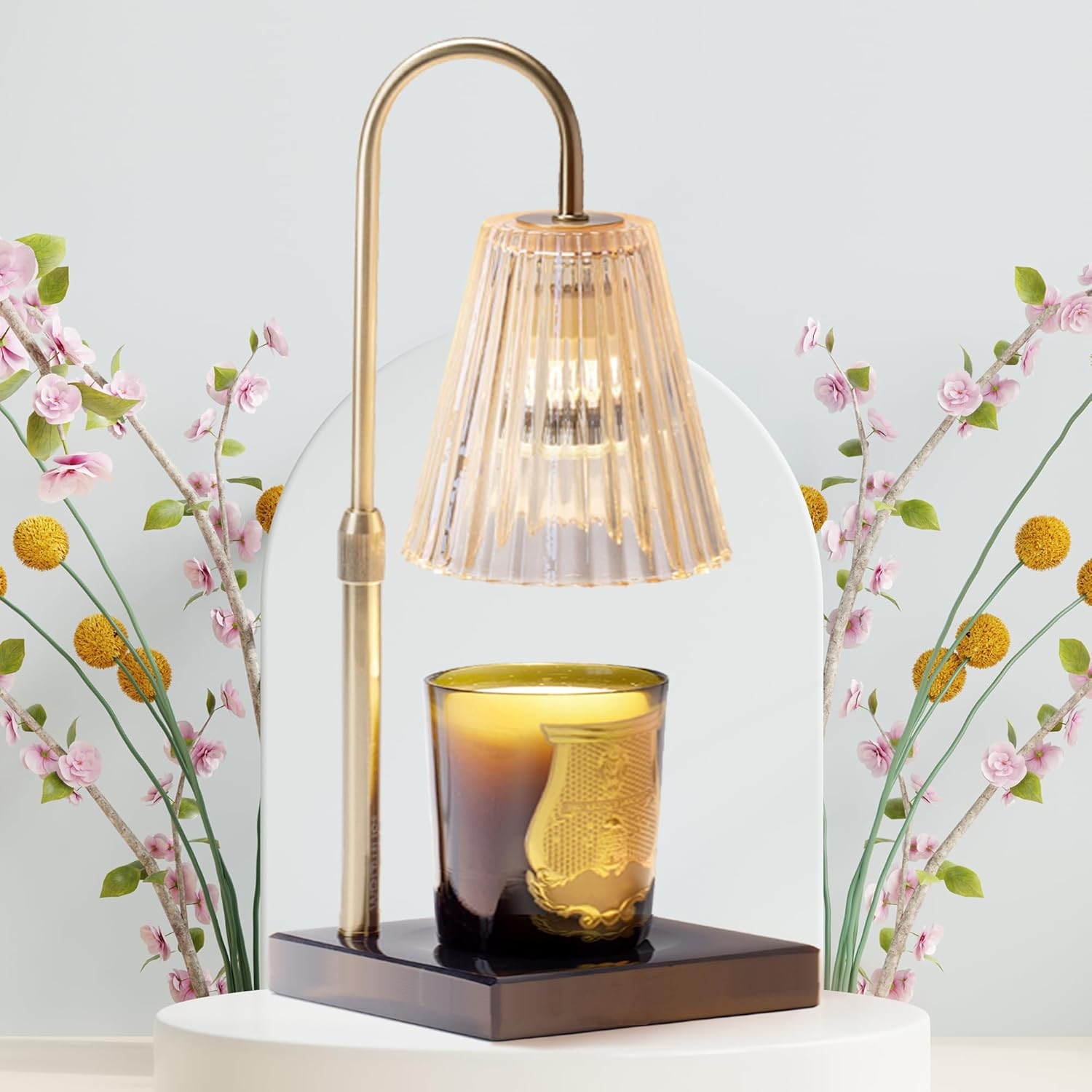 Electric Candle Warmer Lamp – Adjustable Brightness & Timer, Safe Flameless Candle Melting Lamp with Glass Shade & Wood Base Perfect Home Decor & Gift