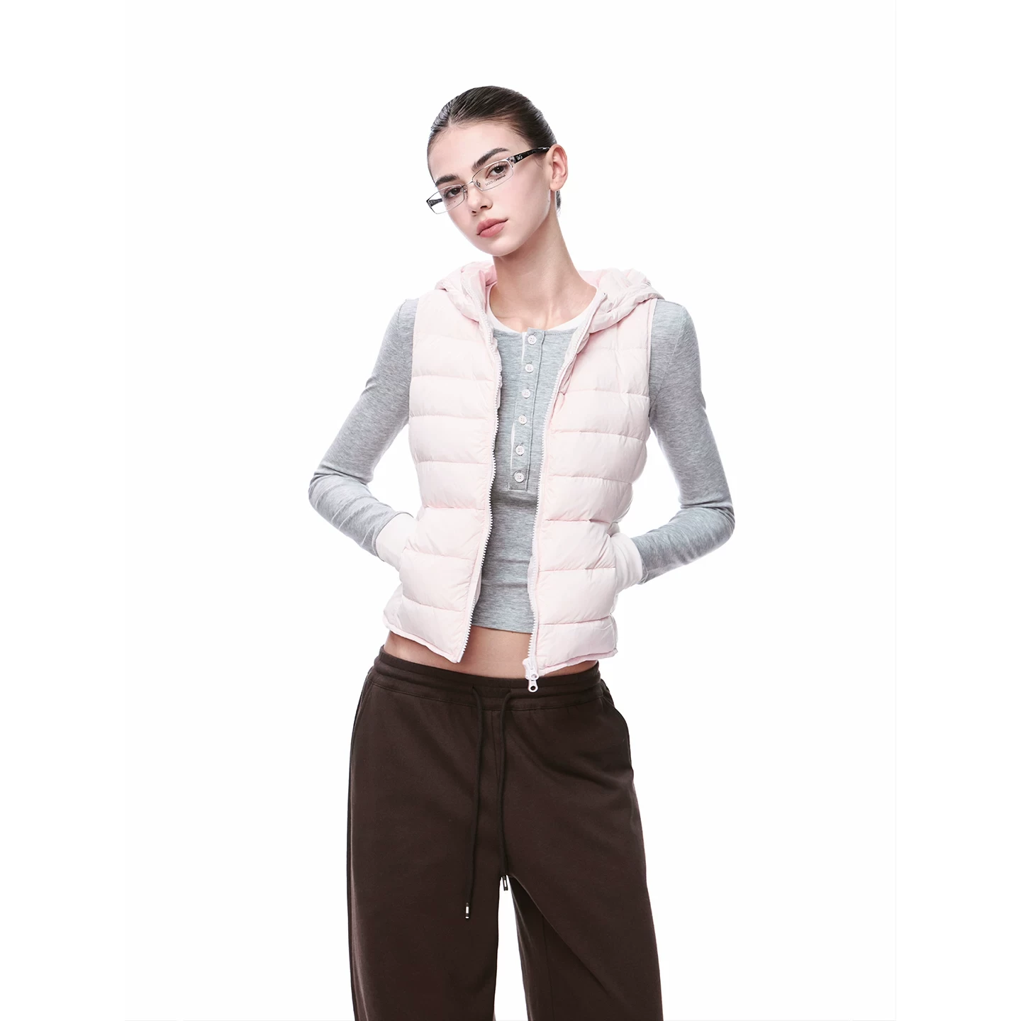 Women's Light Pink Down Puffer Vest, Slim Waist Warm Quilted Sleeveless Hooded Gilet
