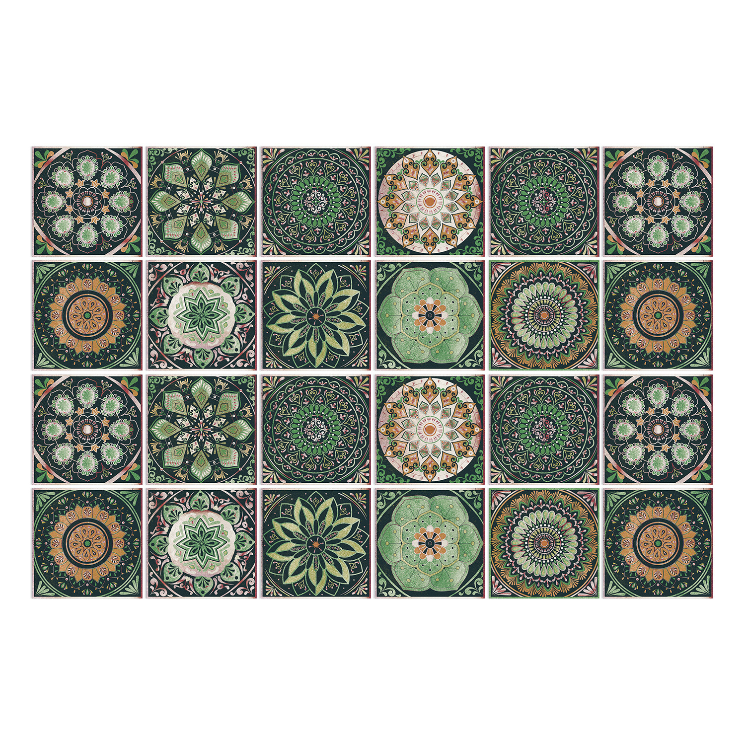 Green Mandala Pattern Tile Stickers - Bohemian Style Peel & Stick Decals for Kitchen & Bathroom