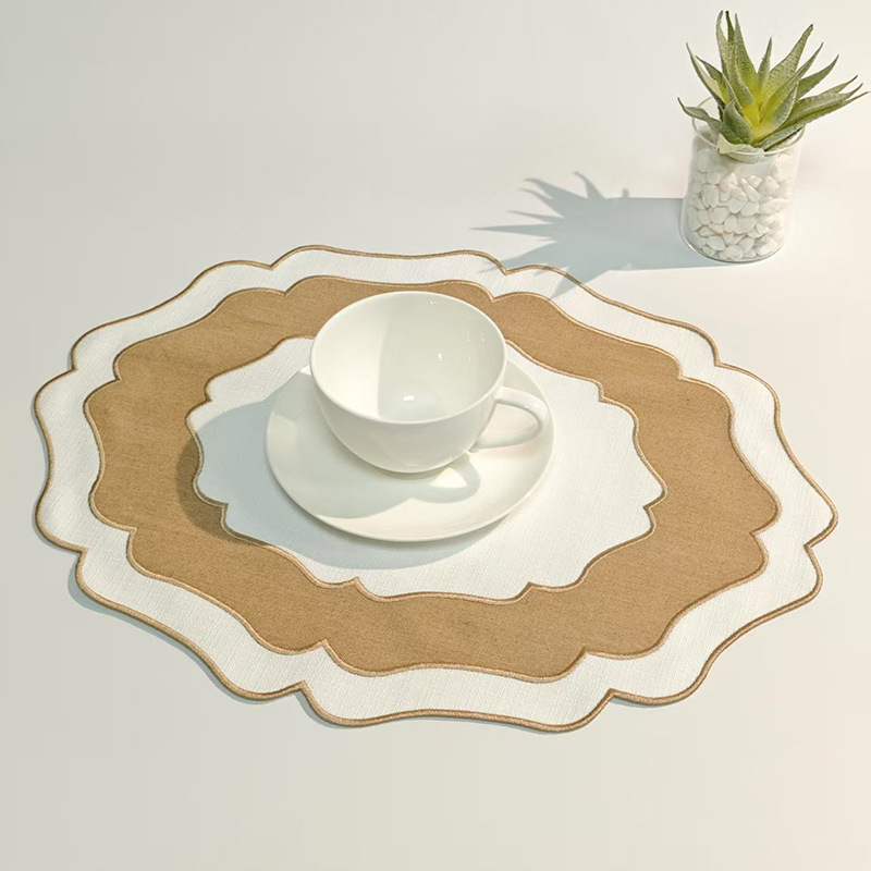 Beige & White Layered Scalloped Fabric Placemat - Elegant Woven Dining Table Mat