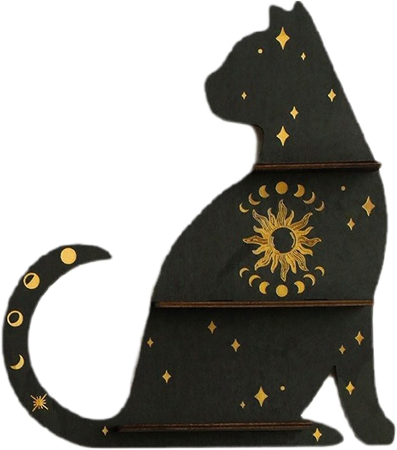 Gothic Cat Crystal Wall Shelf – Wooden Floating Display Shelf for Crystals, Candles & Mystical Home Decor
