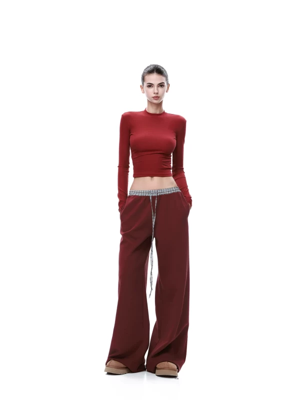 JLAUNT Women's Red Low Waist Wide Leg Pants 2026 Fall Spice Girl Style Straight Leg Trousers with Plaid Patchwork Waistband & Drawstring Cotton Blend S-L