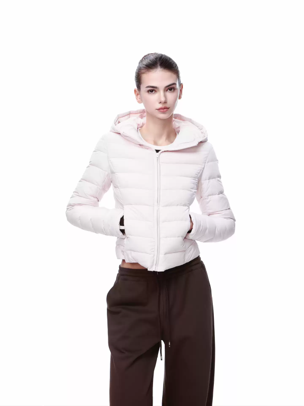 Women's Light Pink Hooded Puffer Jacket, Slim Fit Quilted Coat