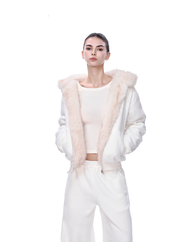 Off-White Reversible Faux Fur Lined Hoodie Jacket, Oversized Zip-Up Streetwear Coat