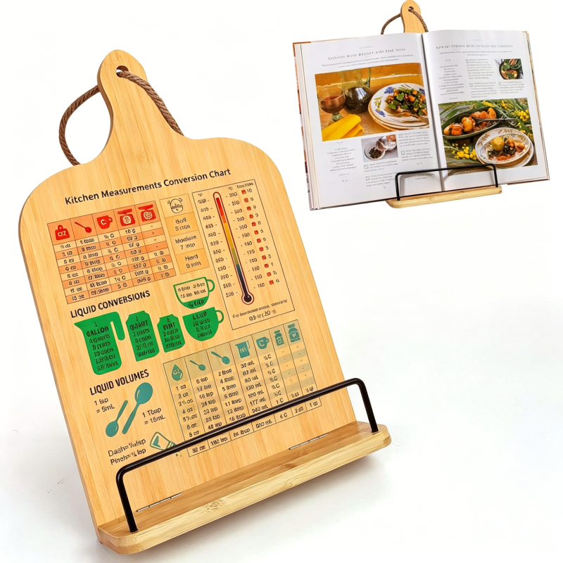 Bamboo Cookbook Stand with Kitchen Conversion Chart - Adjustable Recipe Book Holder