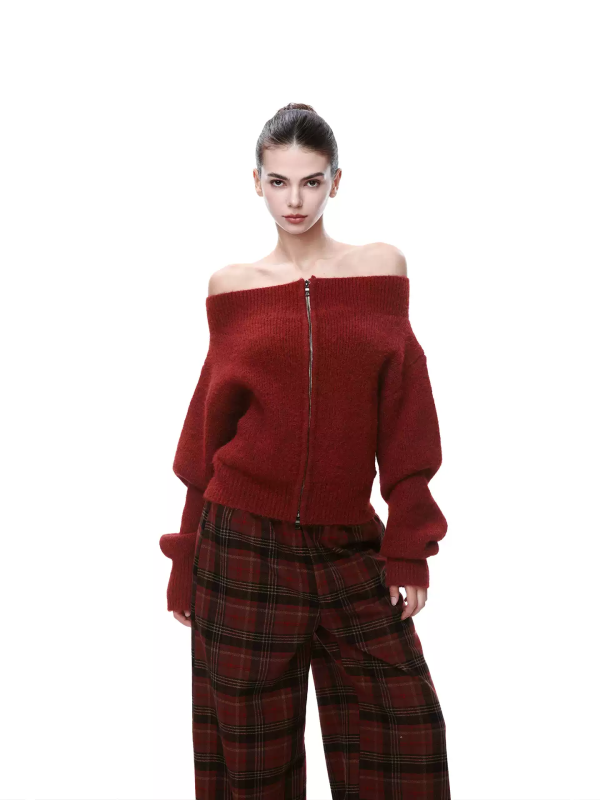 Burgundy Off-Shoulder Zip-Up Knit Cardigan, Oversized Fuzzy Sweater Jacket
