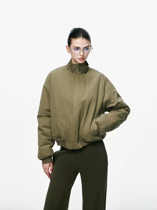 Olive Green Oversized Bomber Jacket, Stand Collar Casual Winter Coat
