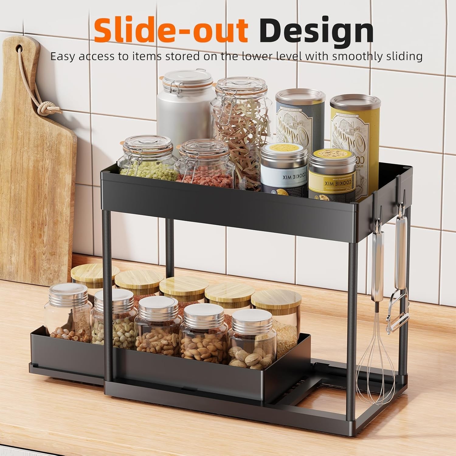 2 Pack Under Sink Organiser 2-Tier Sliding Pull-Out Storage Cabinet  Multi-Purpose Under Shelf Storage Rack Space Saving Organiser for Kitchen Bathroom  Black
