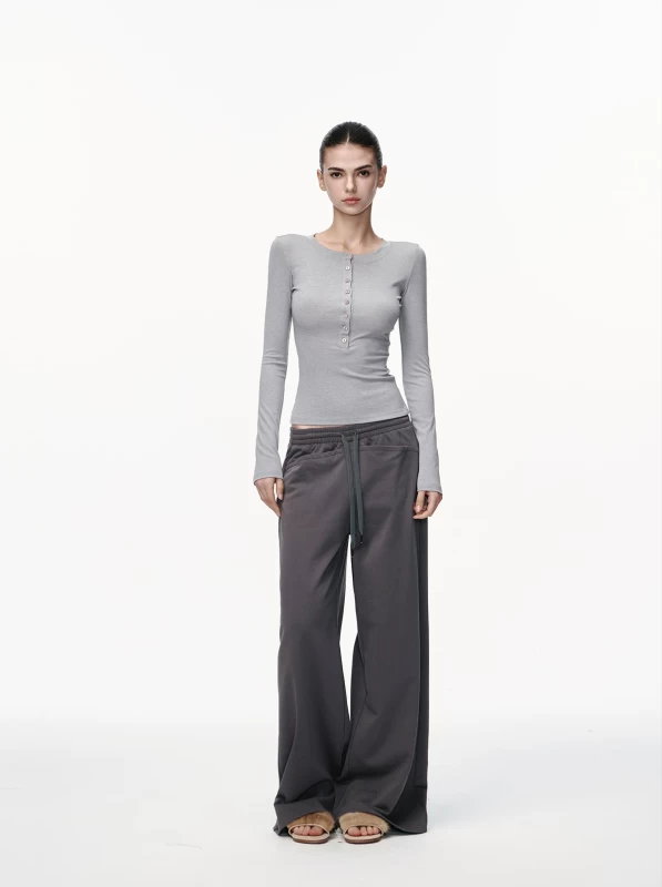 JLAUNT Women's Grey Low Waist Wide Leg Pants 2026 Fall Casual Straight Leg Trousers 100% Cotton Blend with Elastic Waist & Pockets Minimalist Edgy Style S-L