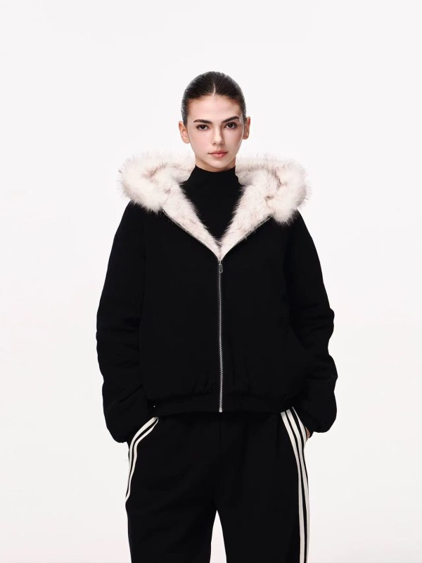 Black Fur-Lined Hooded Bomber Jacket Reversible Winter Coat