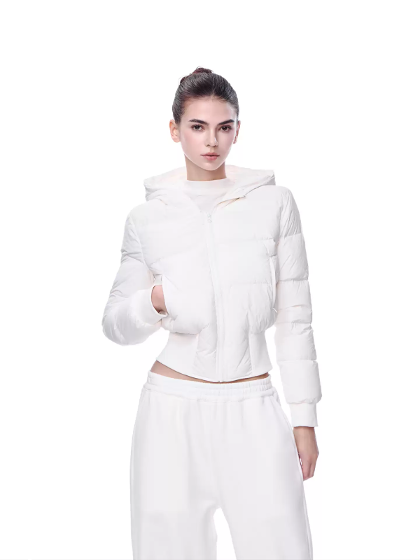 White Cropped Hooded Puffer Jacket, Cinched Waist Slim-Fit Winter Coat