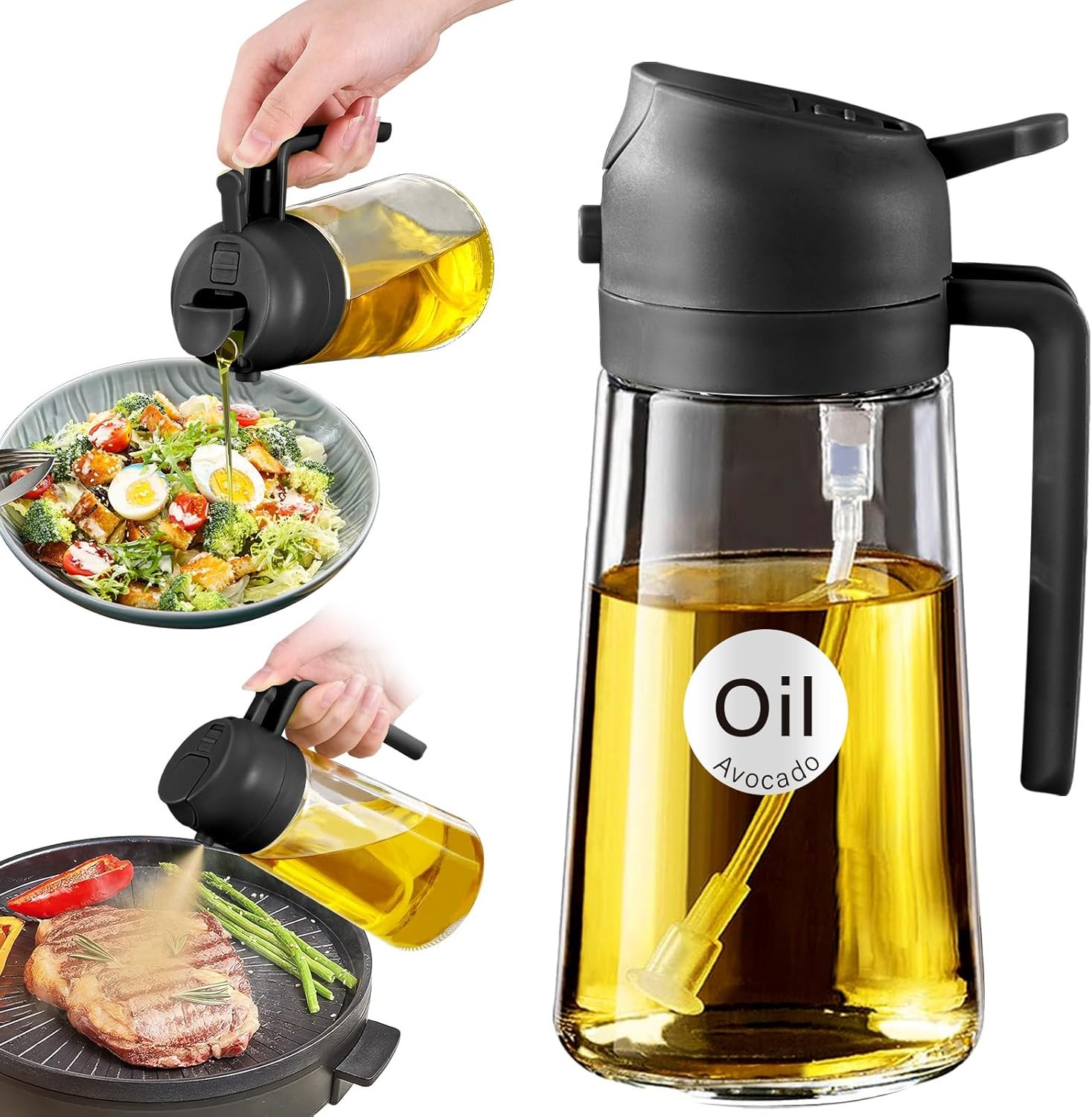 16oz/470ml Glass Olive Oil Sprayer for Cooking 2 in 1 Oil Dispenser Bottle with Stickers Food Grade Portion Control Kitchen Gadget for Salad, Frying BBQ Black