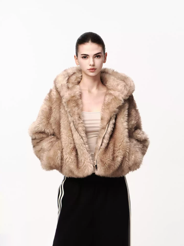 Light Brown Cropped Hooded Faux Fur Jacket, Plush Fluffy Winter Coat