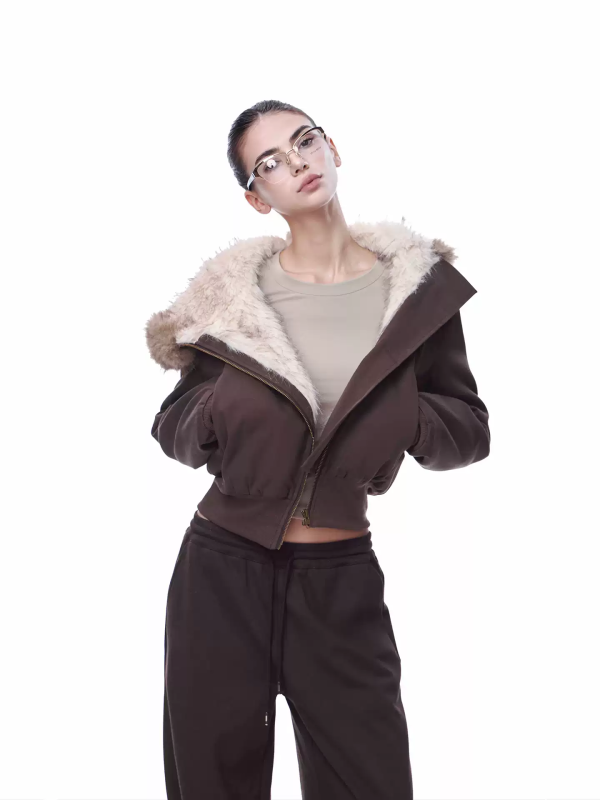Brown Cropped Reversible Fur-Lined Hoodie Jacket, Y2K Streetwear Zip-Up Coat