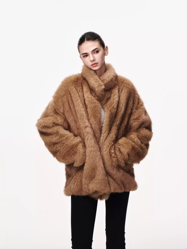 Champagne Faux Fur Coat, Oversized Plush Winter Jacket with High Collar
