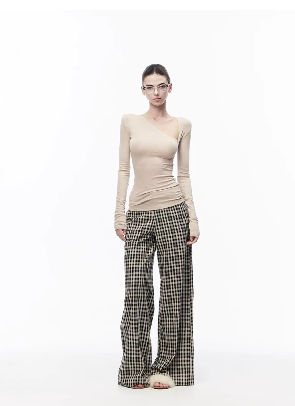 JLAUNT Women's Black & Beige Plaid Low Waist Wide Leg Pants 2026 Winter Retro Checkered Trousers 100% Cotton S-L