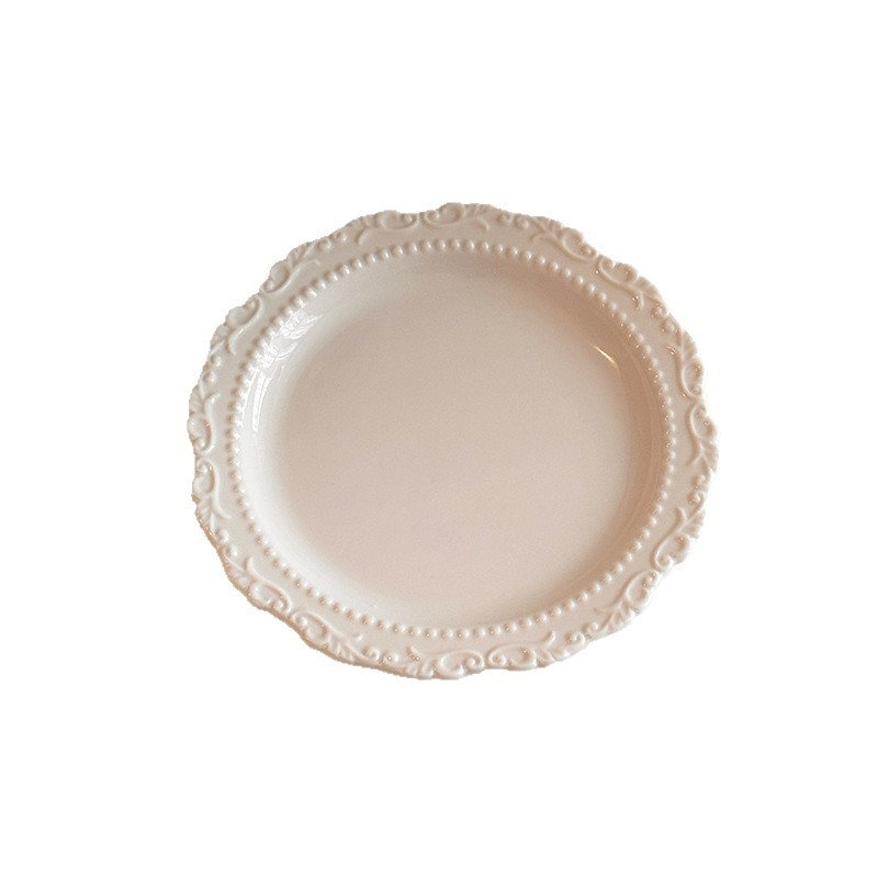 Vintage Embossed White Ceramic Dinner Plate - Ornate Scroll Rim Dessert Plate