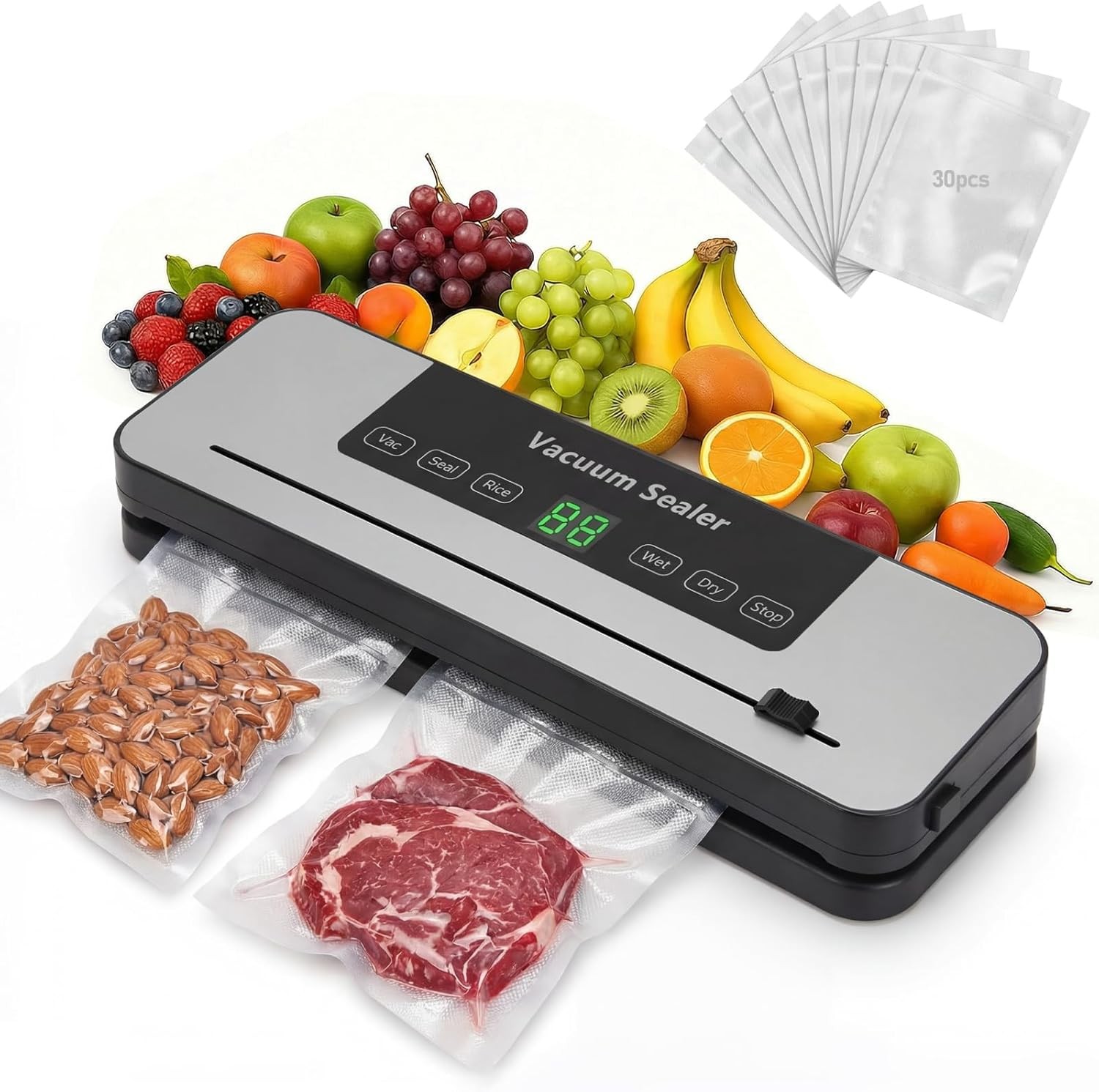 Vacuum Sealer Machine with 30 Storage Bags & Built-in Cutter 6-in-1 Automatic Heat Sealer, Wet Dry Food Sealing Machine for Meal Prep and Freezer Preservation Compact Kitchen Food Saver