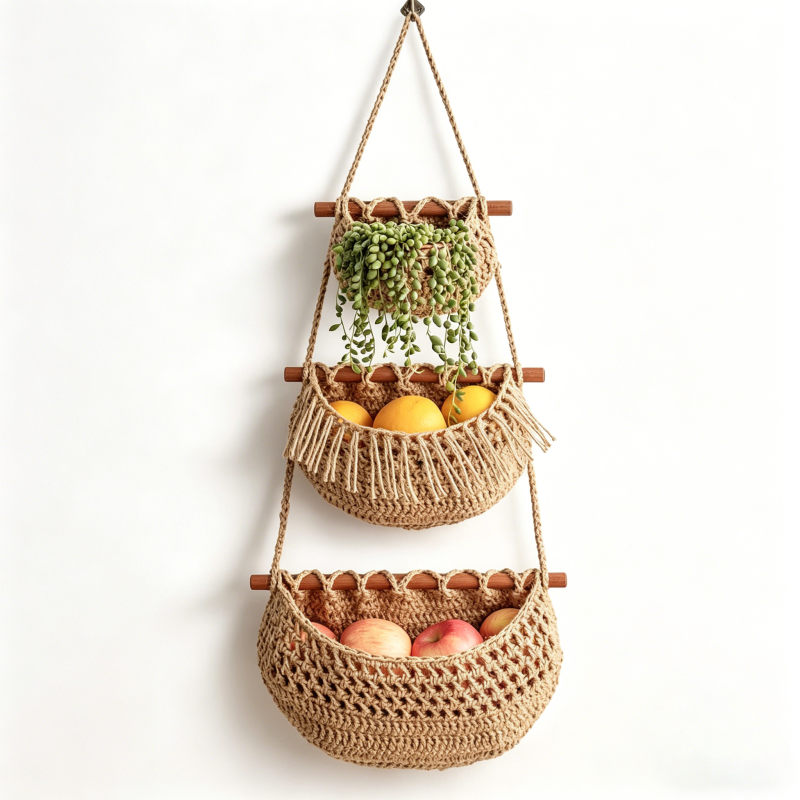 3-Tier Macrame Hanging Storage Basket - Boho Jute Wall Organizer for Fruits & Plants