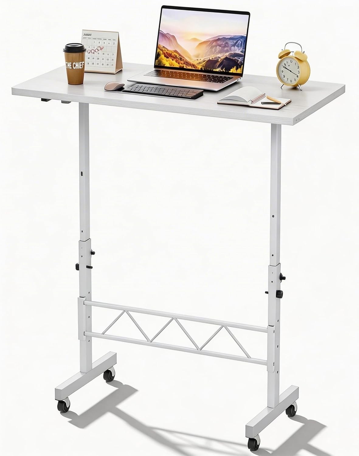 Adjustable Height Mobile Standing Desk Compact Rolling Computer Workstation with Wheels for Home Office Treadmill Walking Pad White