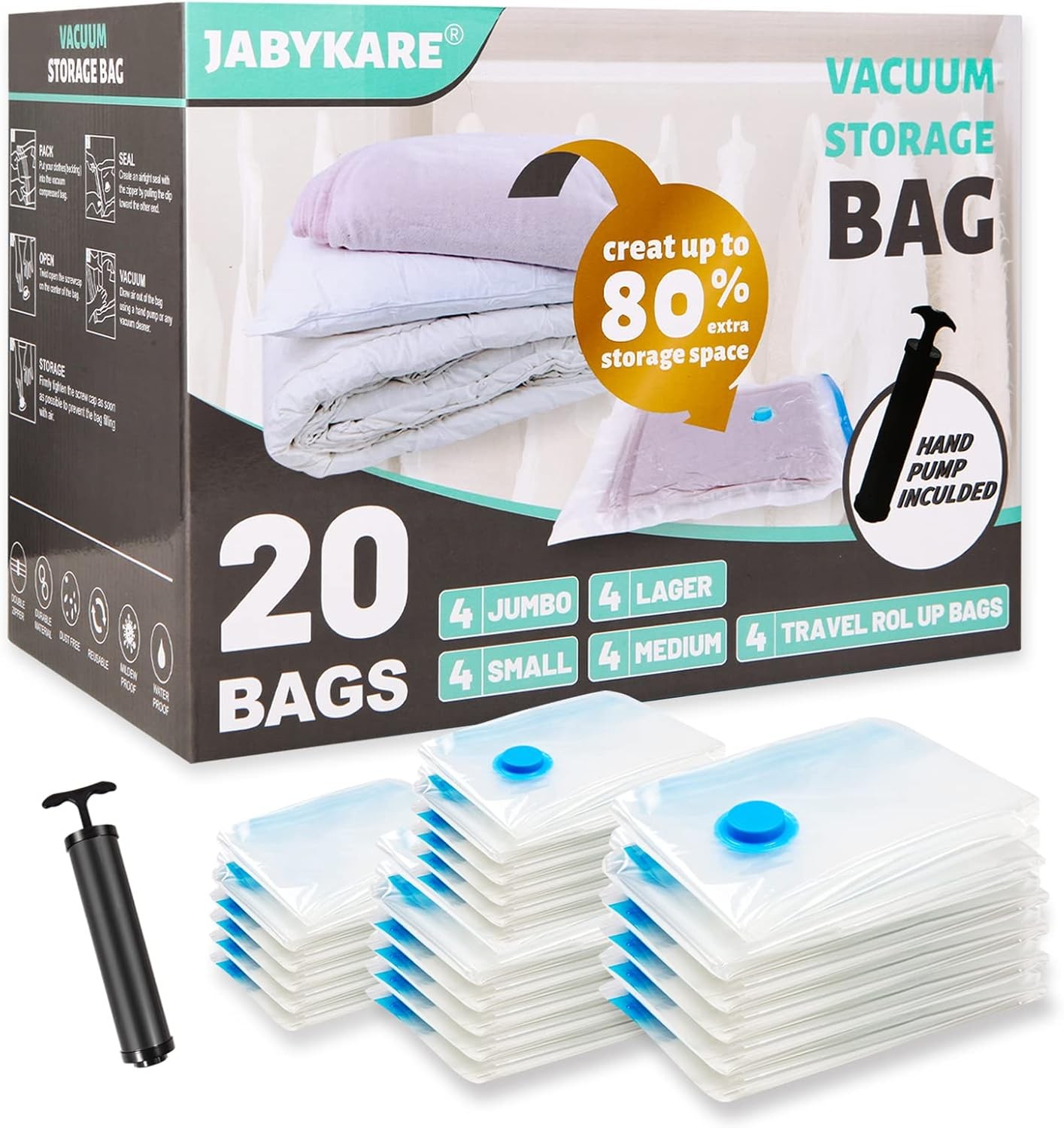 20 Pack Vacuum Storage Bags Space Saver Compression Bags 4 Jumbo/4 Large/4 Medium/8 Small Reusable Vacuum Sealer Bags for Clothes Home Storage and Organisation