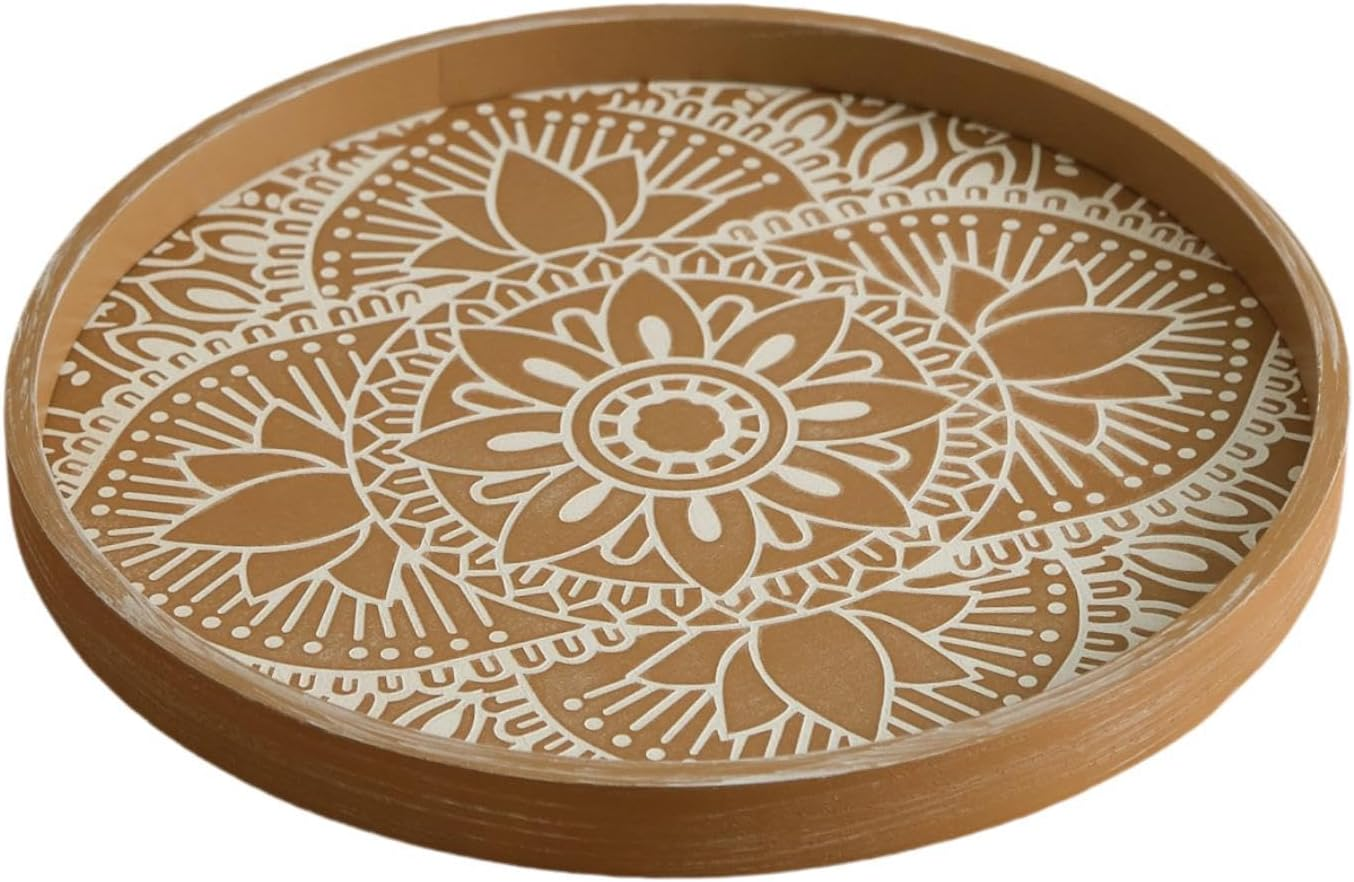 Vintage-Inspired Round Wood Serving Tray with Floral Pattern
