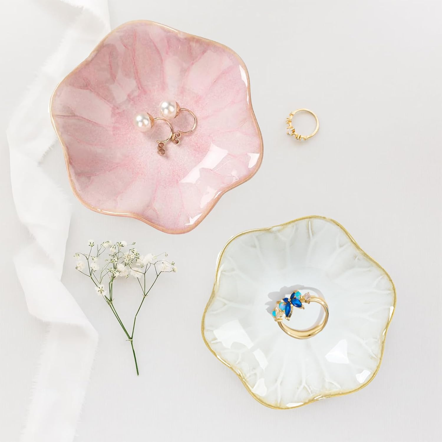 Lotus-Shaped Ceramic Jewelry Trays - Set of 2 Decorative Ring Dishes for Home Decor & Gifts