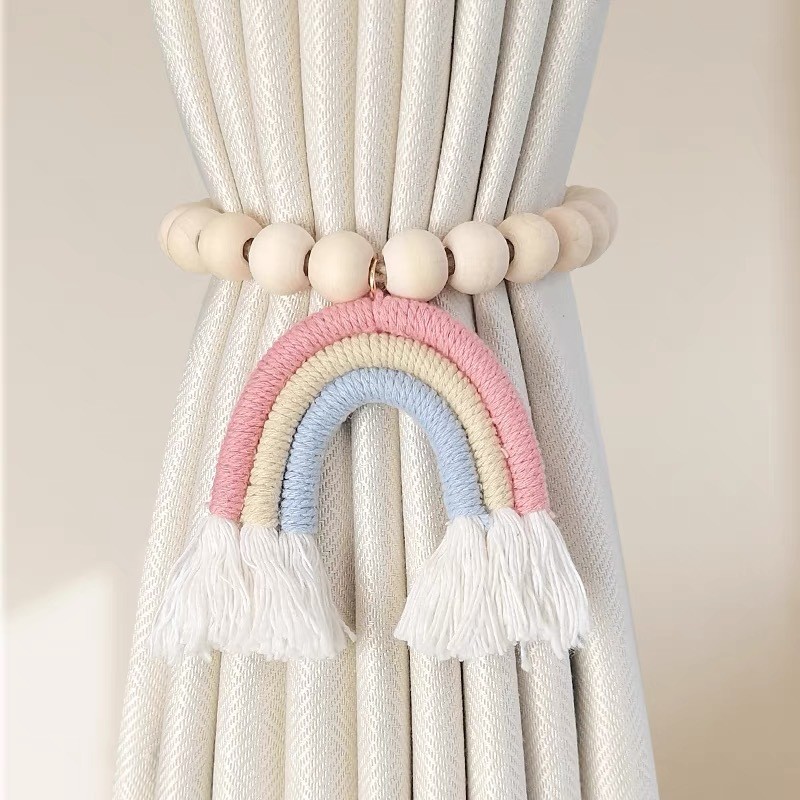 Deep Pink Rainbow Wood Bead Tassel Curtains Magnetic Buckle Strap