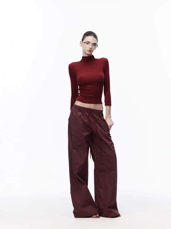 JLAUNT Women's Red Plaid Low Waist Wide Leg Pants, 2025 Winter Spice Girl Style Straight Leg Trousers, 100% Cotton, S-L