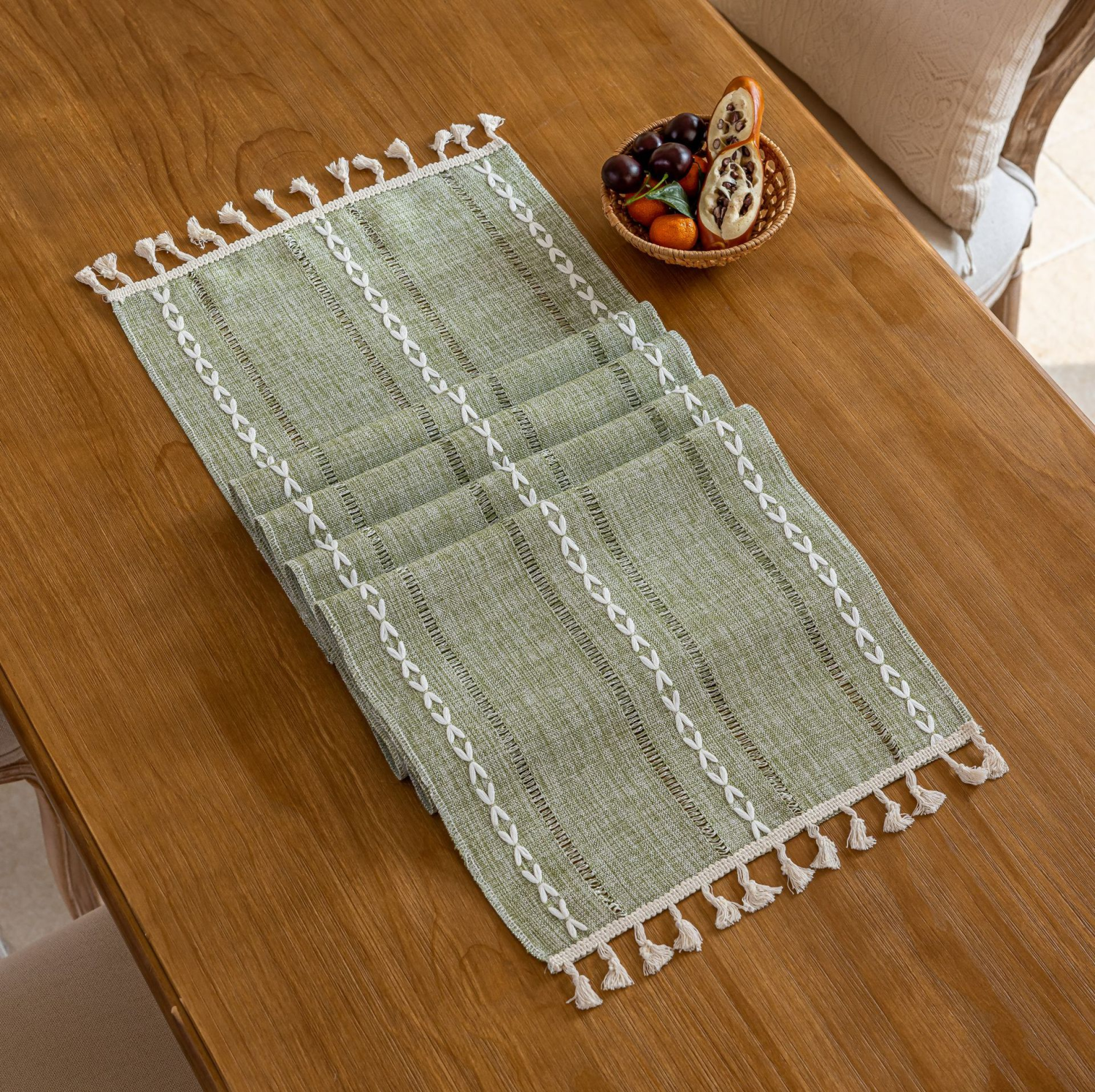 Natural Linen Sage Green Dining Table Runner
