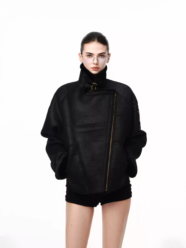 Black Shearling-Lined Biker Jacket, Asymmetric Zip Oversized Winter Coat