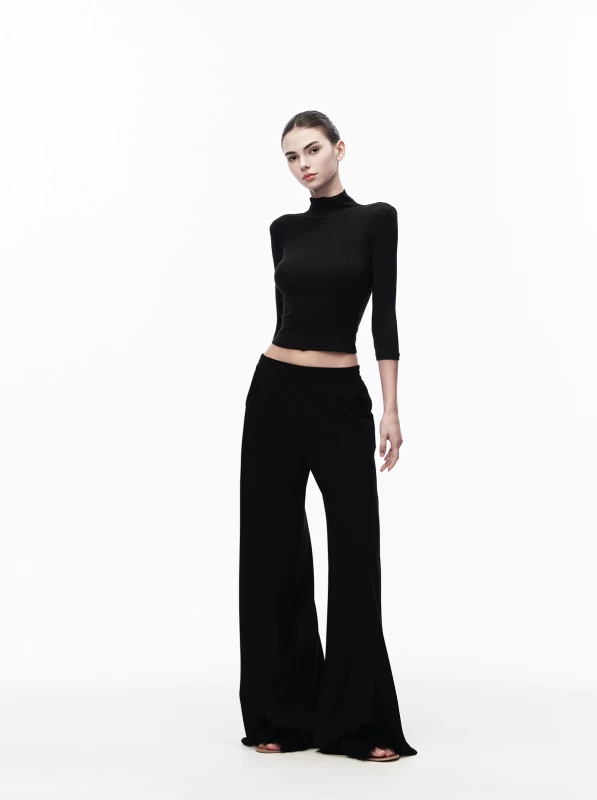 JLAUNT Women's Black Low Waist Wide Leg Pants 2026 Winter Loose Straight Leg Casual Trousers Soft Brushed Knit with Pockets Spice Girl Style S-L